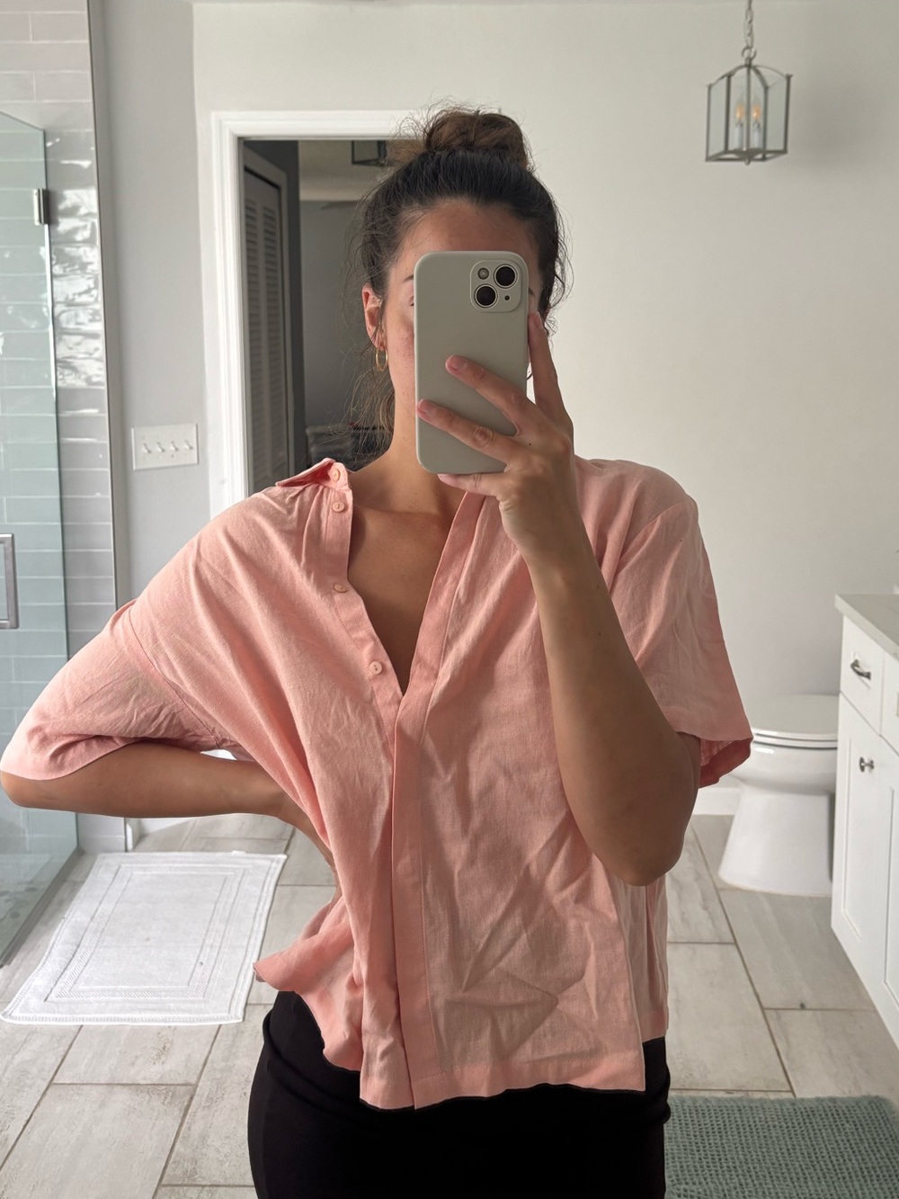 DownEast Light Pink Short Sleeve Button Down Shirt